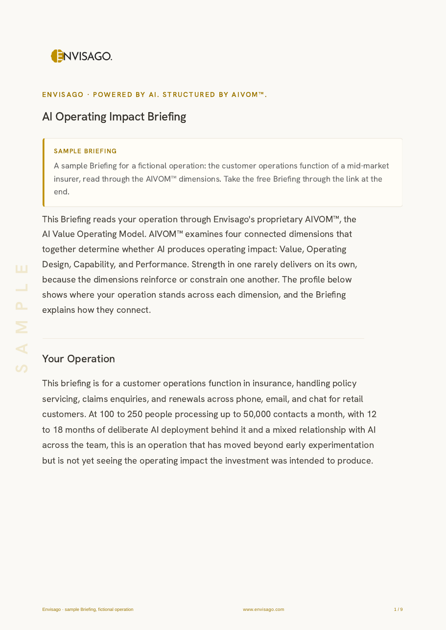 The sample AI Operating Impact Briefing, first page